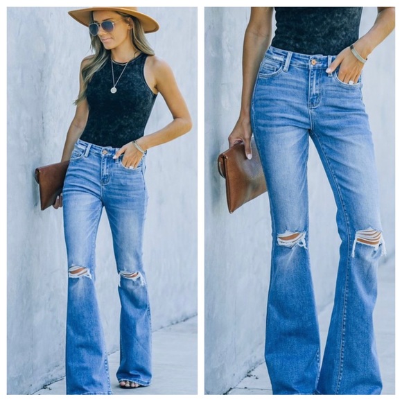 BOHO STRETCH DISTRESSED FLARE JEANS - Picture 4 of 4